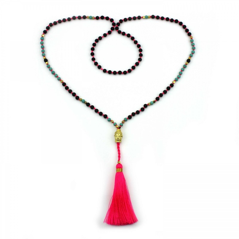 PEARL BAY Damen Perlenkette 107602 Quaste Metall Buddha Lava gold pink schwarz