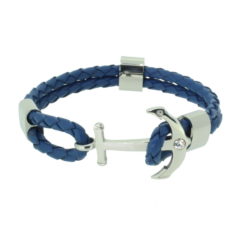 HAFEN-KLUNKER Anker Armband 110496 Edelstahl Leder Zirkonia Blau Silber